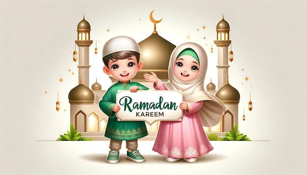 Ilustracja chłopca i dziewczyny w tradycyjnych strojach trzymających baner z tekstem ramadan kareem