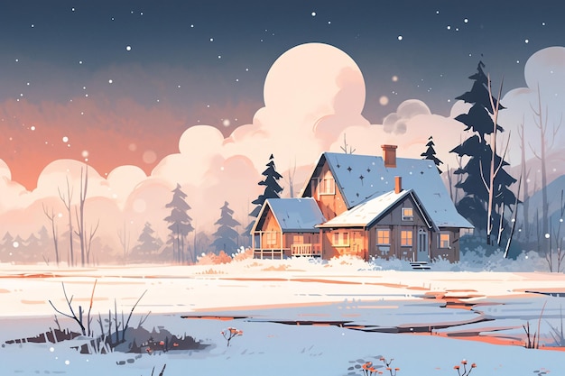Ilustracja choinki i domu na śniegu w zimie