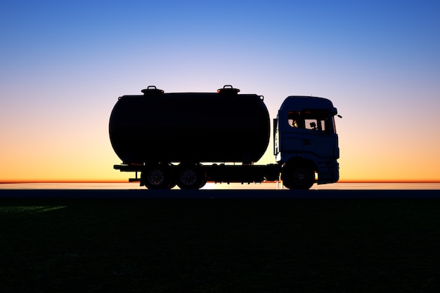 Ilustracja ciężarówki próżniowej na tle zachodu słońca Samochód przemysłowy Cysterna Ciężarówka
