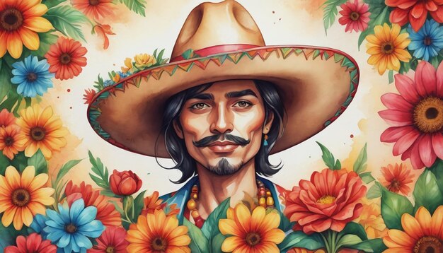 Ilustracja Cinco De Mayo z kapeluszem i kwiatami