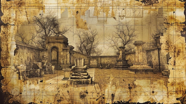Zdjęcie ilustracja cmentarza z dużą ozdobną bramą, drzewami i nagrobkami obraz ma ton sepia i teksturowane tło