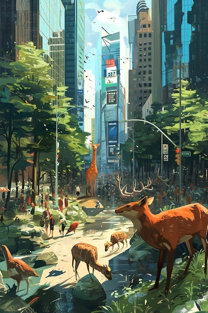 Ilustracja cyfrowa pokazująca grę z dziką przyrodą w rzeczywistości rozszerzonej w mieście
