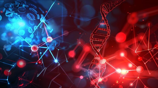 Ilustracja cyfrowa struktury DNA w niebieskim i czerwonym świetle