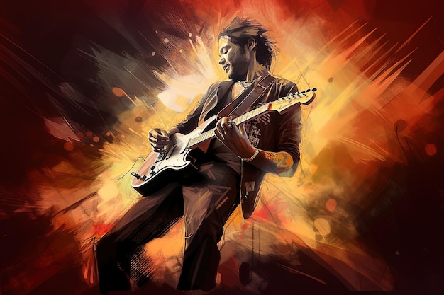 Ilustracja cyfrowej sztuki gitarzysty rockowego AI
