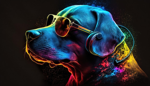Ilustracja czarnego labradora z głową psa w słuchawkach