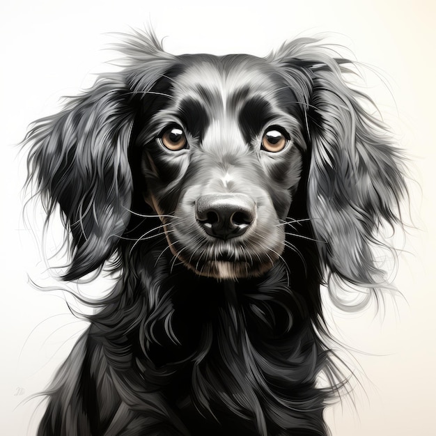 Ilustracja czarnego psa z długimi włosami w stylu Roba Hefferana