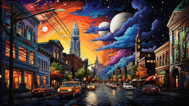 ilustracja czarnego światła Nashville Tennessee nocą drzeworyt rytowany druk bogaty w kolory