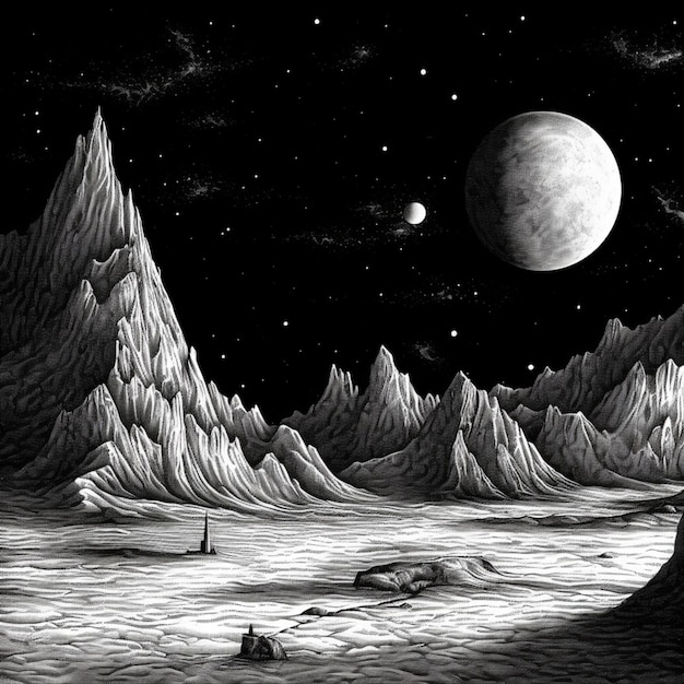 Ilustracja czarno-białego krajobrazu z górą i księżycem generatywny ai