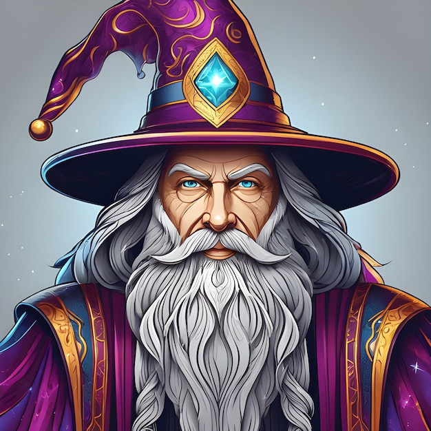 Ilustracja czarownika z długą szarą brodą w kapeluszu