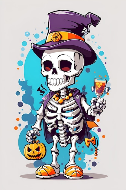 Ilustracja czaszki_kawaii_skeleton_celebrating_halloween_side_view