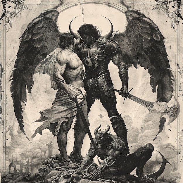 Zdjęcie ilustracja człowieka i demona z skrzydłami i mieczem