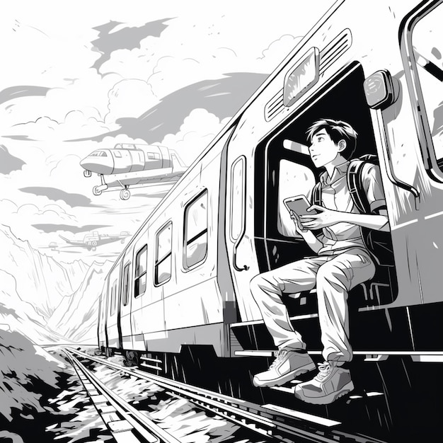 ilustracja człowieka siedzącego w pociągu patrzącego przez okno generatywny ai