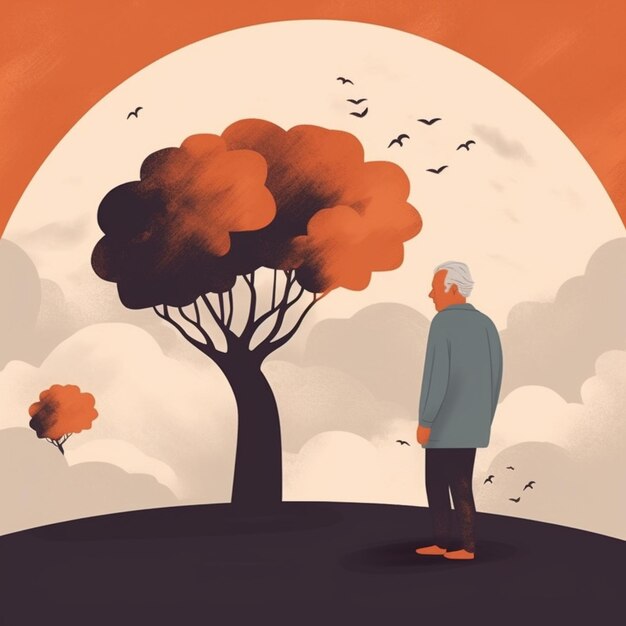 Zdjęcie ilustracja człowieka stojącego przed drzewem z ptakami latającymi wokół generatywnego ai