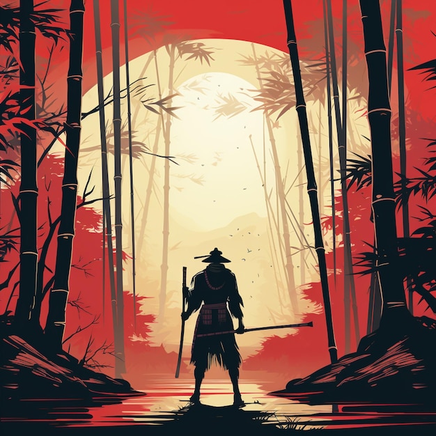 Zdjęcie ilustracja człowieka w kapeluszu i stroju samuraja stojącego w lesie generatywny ai