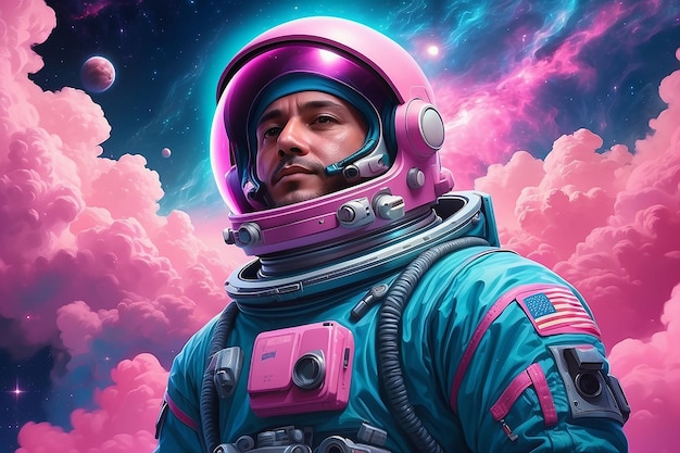 Ilustracja człowieka w kostiumie kosmicznym w miękko świecącym różowo-niebieskim chmurze galaktycznym Spokojny astronauta galaktyki