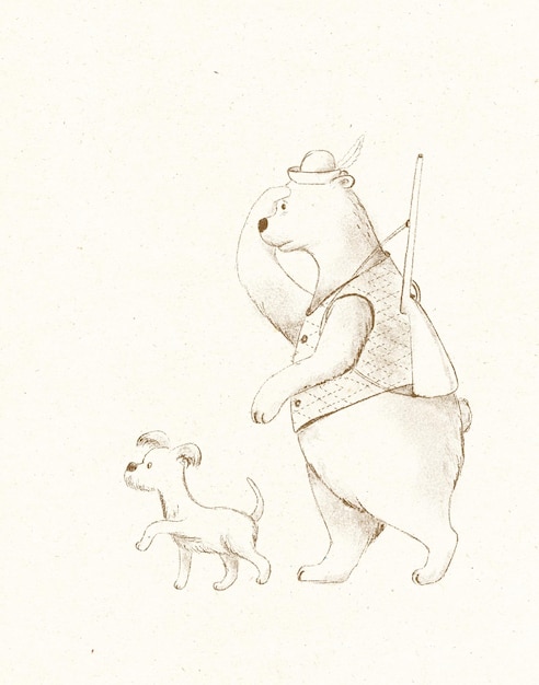 Zdjęcie ilustracja dla dzieci przedstawiająca łowcę niedźwiedzi podczas polowania z psem w lesie