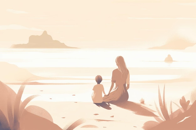 Ilustracja Dnia Matki z minimalistycznym stylem matki i dziecka cieszących się spokojnym dniem na plaży