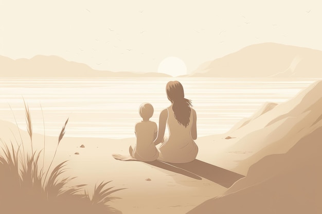Ilustracja Dnia Matki z minimalistycznym stylem matki i dziecka cieszących się spokojnym dniem na plaży