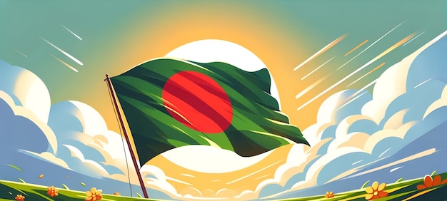 Ilustracja dnia niepodległości Bangladeszu z falistą flagą Bangladeszu w stylu kreskówki