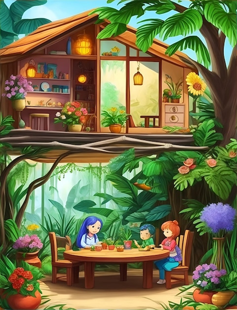Ilustracja do książki dla dzieci Drewniany stół pośrodku chatki w lesie