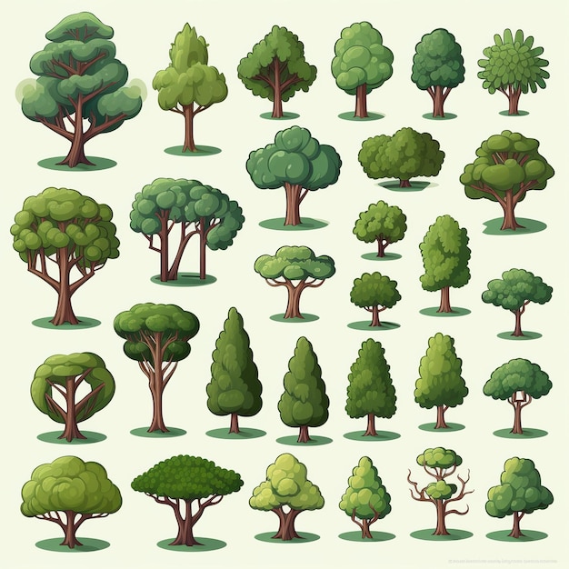 Ilustracja do zestawu ikon ładnych płaskich drzew izometrycznych naklejek