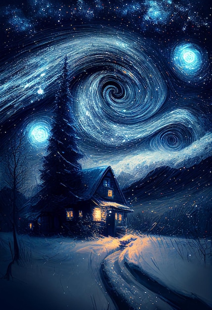 Ilustracja dom z farbą olejną i śnieg na rozgwieżdżonym niebie zimą Stworzony przy użyciu technologii Generative AI