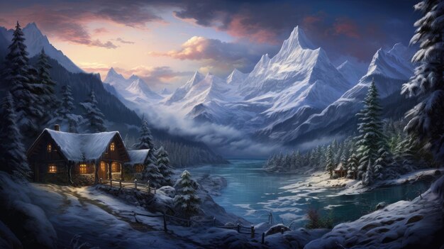 ilustracja domku w górach