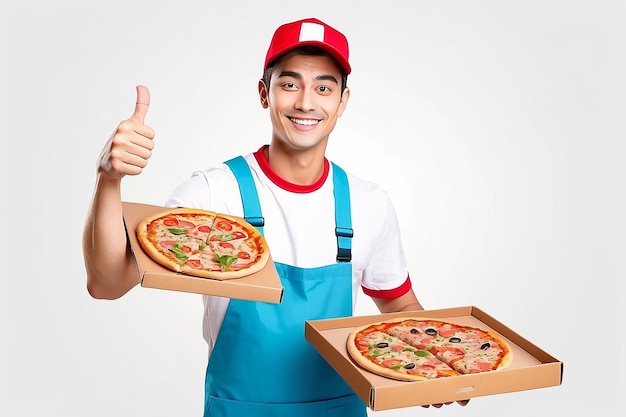 Ilustracja dostarczania pizzy kciuk w górę wesołego młodego dostawcy trzymającego pudełko z pizzą, izolowany na białym tle