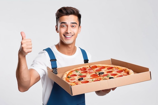 Ilustracja dostarczania pizzy kciuk w górę wesołego młodego dostawcy trzymającego pudełko z pizzą, izolowany na białym tle