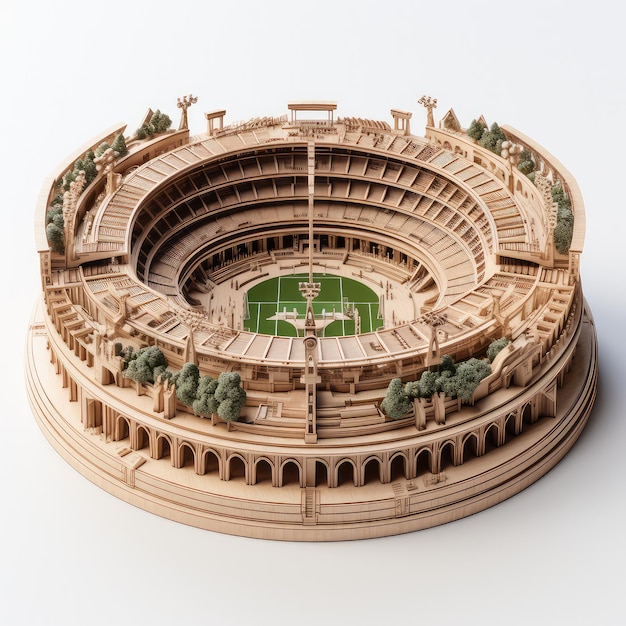 Zdjęcie ilustracja drewniana rzeźba miniaturowy pokaz wzoru stadionu