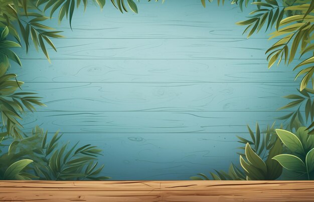 Ilustracja drewnianego stołu z roślinami tropikalnymi na niebieskim tle