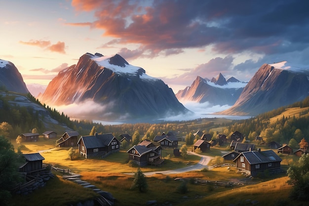 Ilustracja drewnianej wioski w lesie Norwegia krajobraz epoki viching wietrzne ciemne kolory
