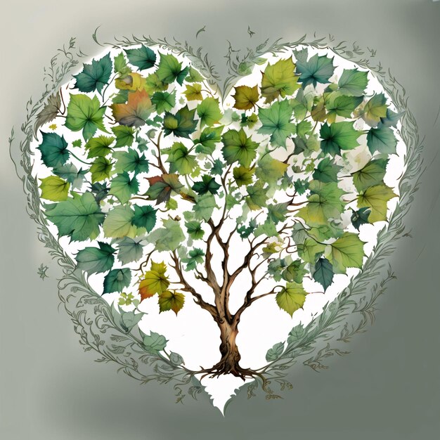 Ilustracja drzewa z liśćmi w kształcie serca botaniczna ramka kwiatowa na białym tle