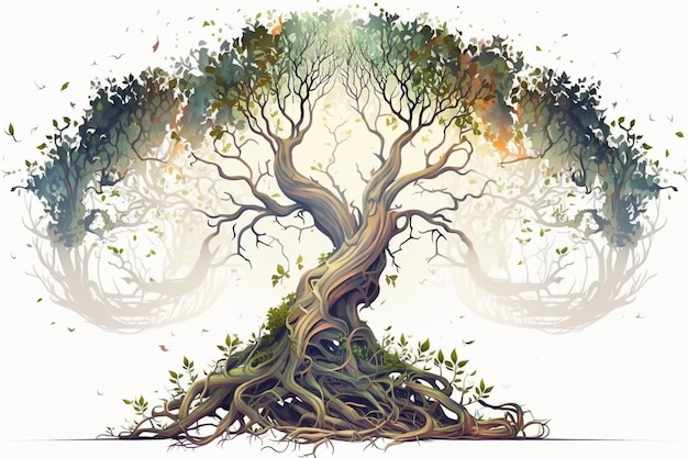 ilustracja drzewa z skręconym pniem i słońcem w tle generatywny ai