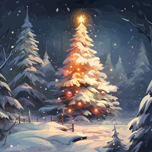 Ilustracja drzewka świątecznego z kulkami i światłami w leśnej zimnej scenie nocnej Drzewo świąteczne jako symbol Bożego Narodzenia Zbawiciela