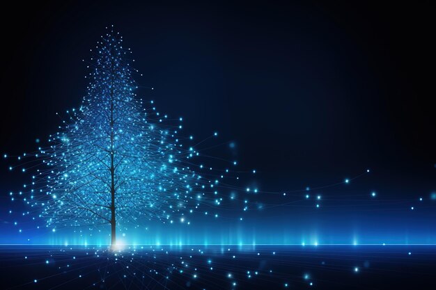 Ilustracja drzewka świątecznego z niebieskimi neuronowymi łączącymi się kropkami, liniami i świecącymi kropkami Generative Ai