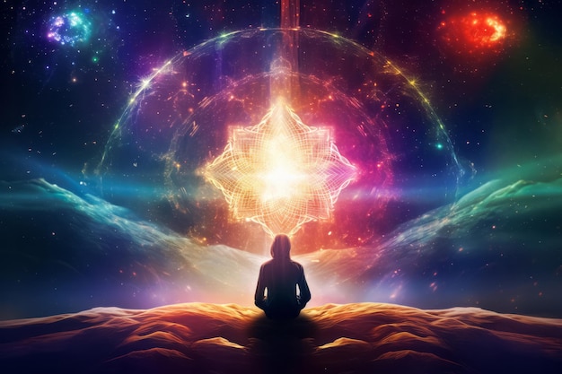 Ilustracja duchowej medytacji, kosmicznej energii, wewnętrznej harmonii, transcendentalnego doświadczenia