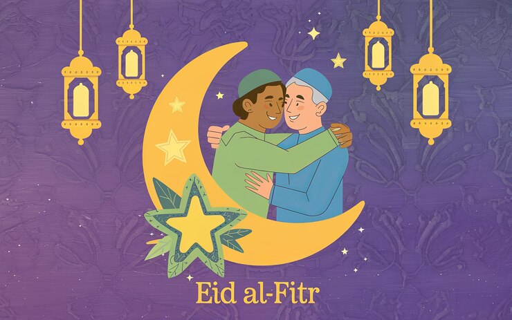 Zdjęcie ilustracja dwóch przyjaciół świętujących eid al-fitr z latarniami generative ai