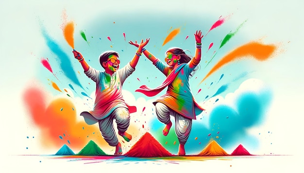 Ilustracja dwóch radosnych postaci świętujących Holi