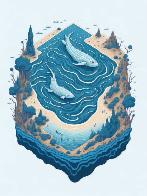 Ilustracja dwóch wielorybów pływających w jeziorze.