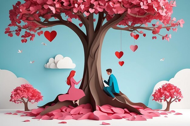 Ilustracja dwóch zakochanych pod drzewem miłości papieru sztuki 3d formę rzemiosła cyfrowego