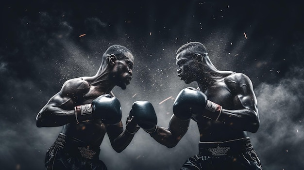 ilustracja dwóch zawodowych bokserów bokserskich na czarnym dymiącym
