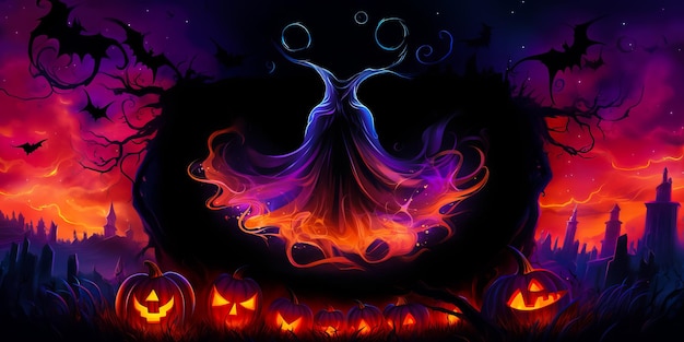 ilustracja dyni Jack o lantern w abstrakcyjnym ciemnym mgliastym lesie koncepcja Halloween