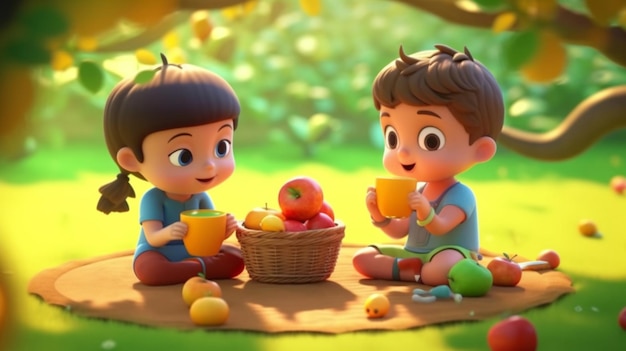 Ilustracja dzieci na pikniku ze świeżymi kolorowymi owocami w parku Generative AI