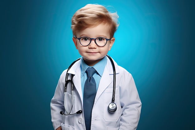 Ilustracja dziecka w stroju lekarza na niebieskim tle koncepcja zawodów Generatywna sztuczna inteligencja