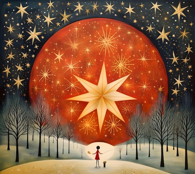 Zdjęcie ilustracja dziesiątek gwiazd na niebie dobrze wokół krajobrazu zimy gwiazda bożego narodzenia jako symbol narodzin zbawiciela