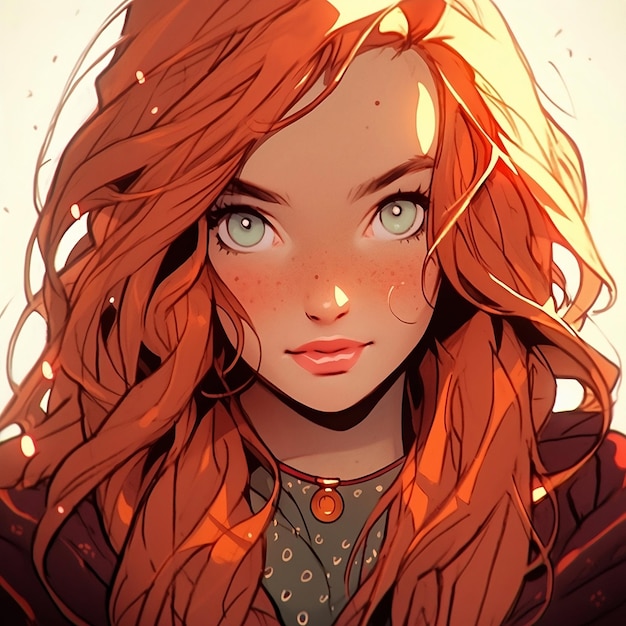 Ilustracja dziewczyna z rudymi włosami i zielonymi oczami Portret postaci fantasy