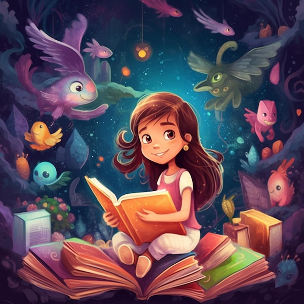 Ilustracja dziewczyny czytającej książkę w lesie z ptakami generatywny ai