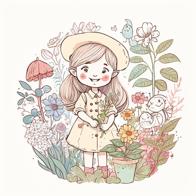 Zdjęcie ilustracja dziewczyny w ogrodzie z kwiatami i roślinami generatywnymi ai