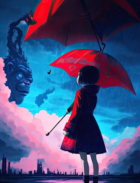 Ilustracja dziewczyny z parasolem na tle miasta